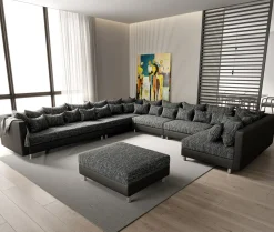 WohnlandschaftClovis XXL Schwarz Hocker Ottomane Links modular Sofort versandfertig
