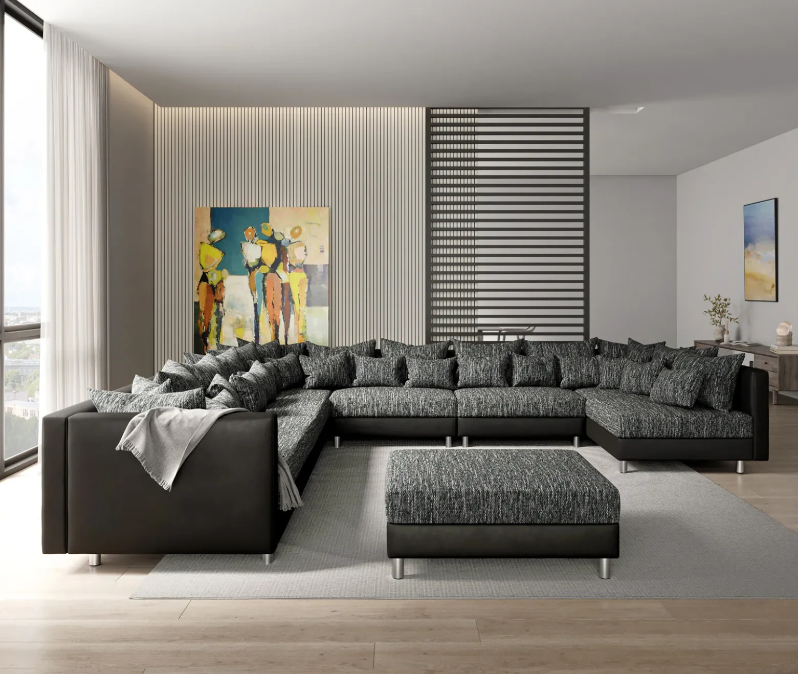 WohnlandschaftClovis XXL Schwarz Hocker Ottomane Links modular Sofort versandfertig
