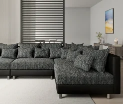 WohnlandschaftClovis XXL Schwarz Hocker Ottomane Links modular Sofort versandfertig