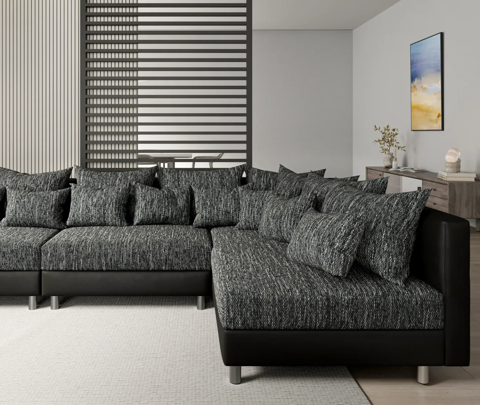 WohnlandschaftClovis XXL Schwarz Hocker Ottomane Links modular Sofort versandfertig
