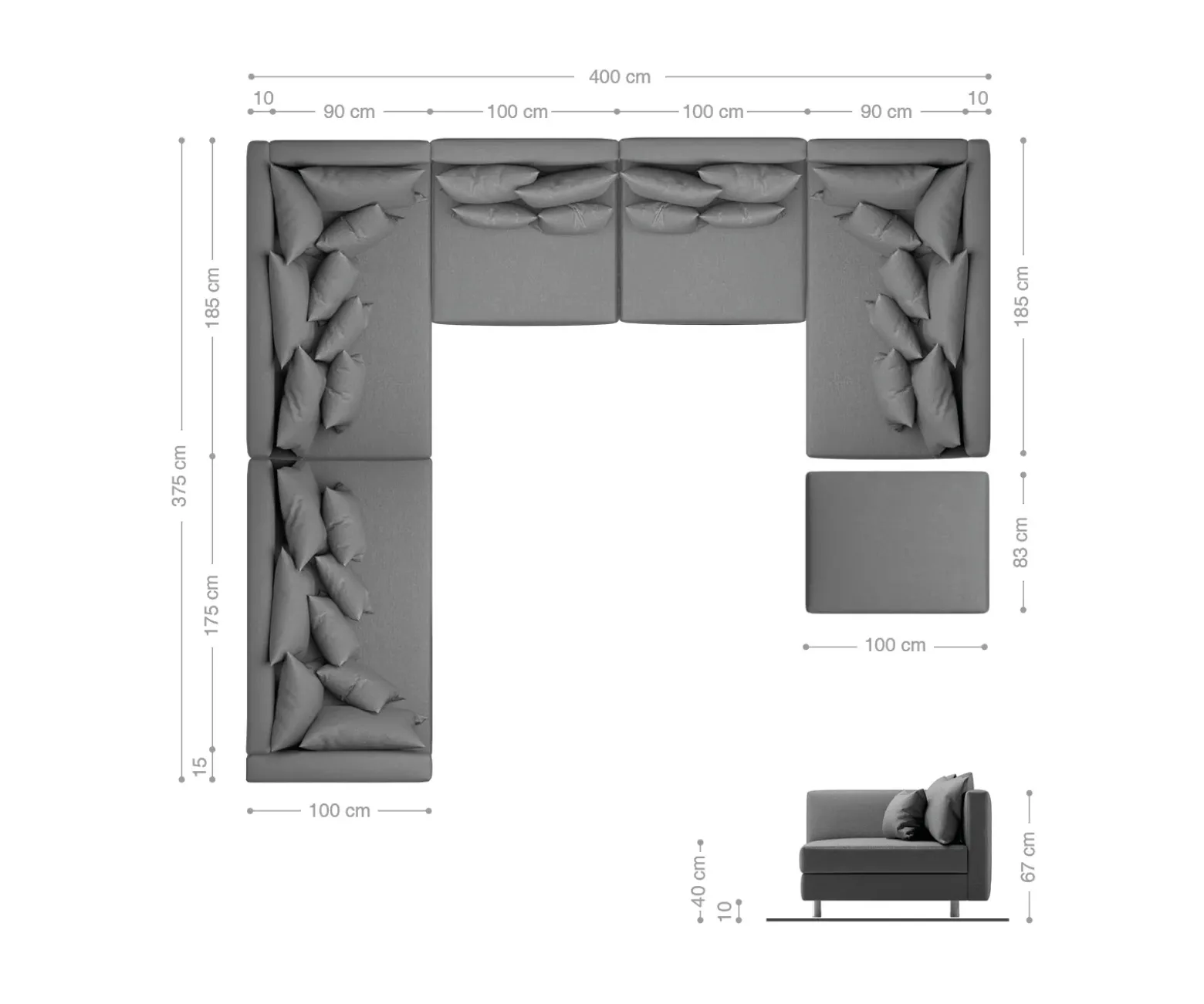 WohnlandschaftClovis XXL Schwarz Hocker Ottomane Links modular Sofort versandfertig