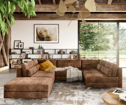 WohnlandschaftElio 300x185 cm Lederimitat Vintage Braun Antik mit Hocker Sofort versandfertig
