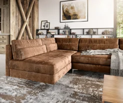 WohnlandschaftElio 300x185 cm Lederimitat Vintage Braun Antik mit Hocker Sofort versandfertig